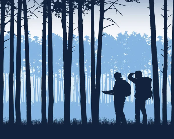 Illustrazione realistica del paesaggio con foresta di conifere con pini sotto il cielo blu. Due turisti, uomo e donna con gli zaini alla ricerca di un modo sulla mappa - vettore — Vettoriale Stock