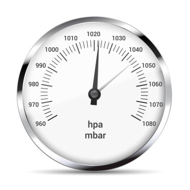 Atmosferik basınç ve el, ok ve sayılarla hava ölçümü için yuvarlak metalik barometrenin gerçekçi bir gösterimi. Beyaz arkaplanda izole edilmiş - vektör