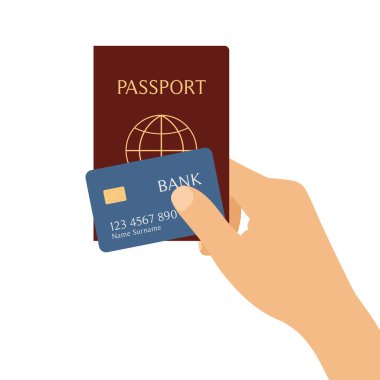 Beyaz arka planda izole edilmiş, el ele tutuşma pasaport ve kredi kartı tasarımı. Seyahat hakkında pankart için uygun - vektör