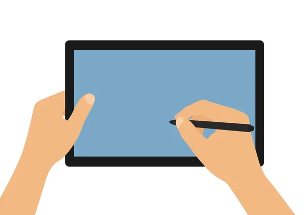 Desenho Plano Desenho Animado Ilustração Homem Mulher Mãos Segurando Tablet —  Vetores de Stock