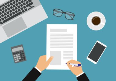 Çalışma alanının düz tasarım çizimi ofis masasında. Laptop ve cep telefonlu gözlükler. Belge veya sözleşme imzalayan bir yöneticinin elleri - vektör