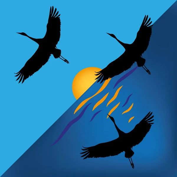 gün batımında güneş üzerinde vinçler sahne ile vektör çizim