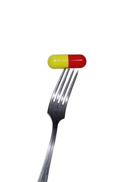 Metaphor Theme Medicine Healthy Nutrition Image Fork Pills White Isolated — Stock Photo, Image