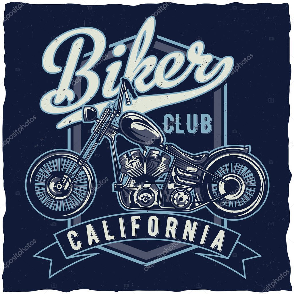Motorcycle theme t-shirt label design with illustration of custum bike