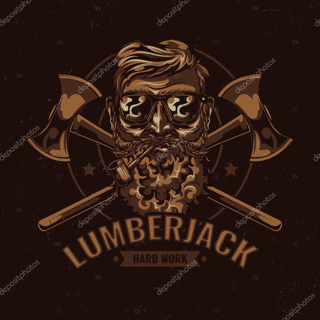Lumberjack t-shirt label design with illustration of bearded man in glasses with two axes
