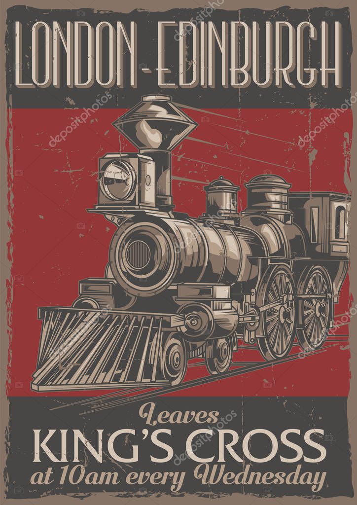 Poster label design with illustration of classic train