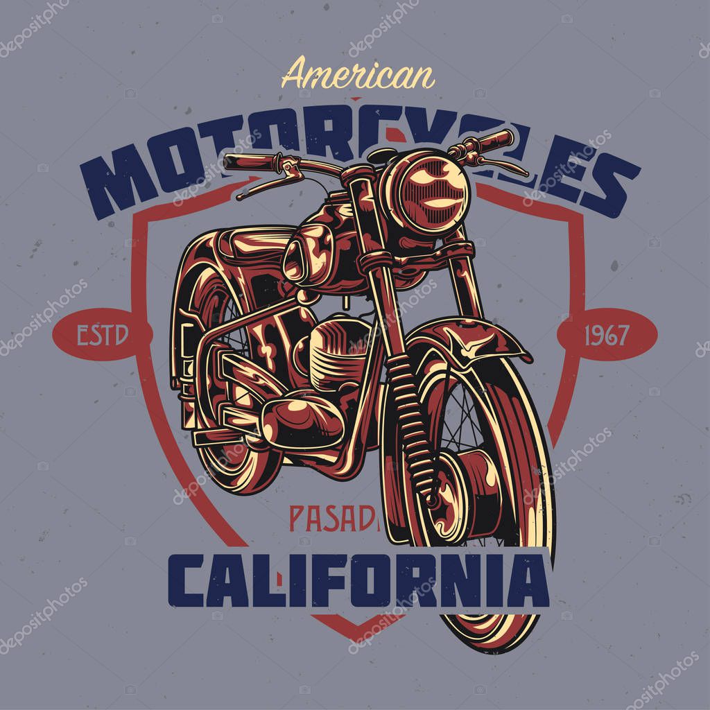 T-shirt or poster design with illustration of classic motorcycle