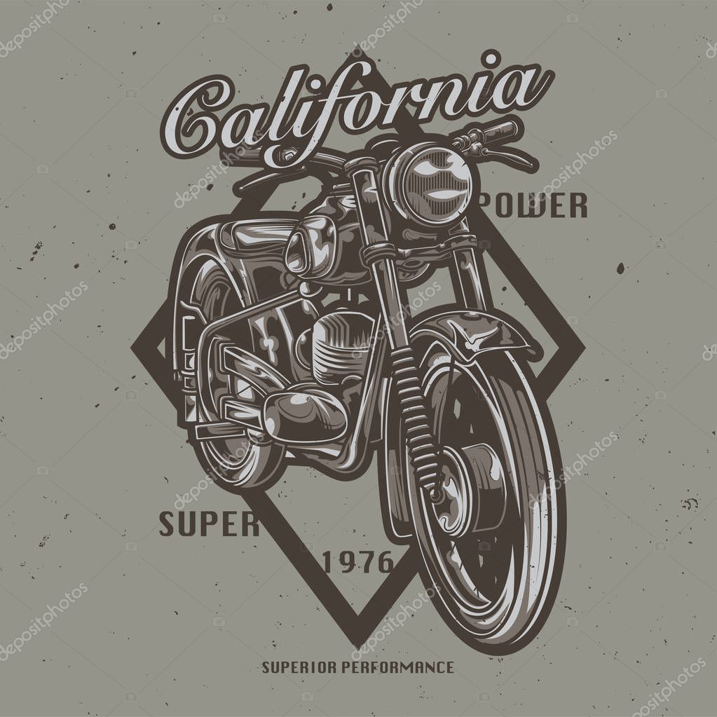 T-shirt or poster design with illustration of classic motorcycle