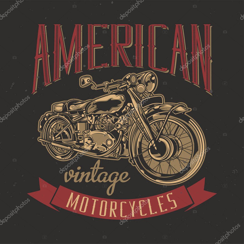 T-shirt or poster design with illustration of classic motorcycle