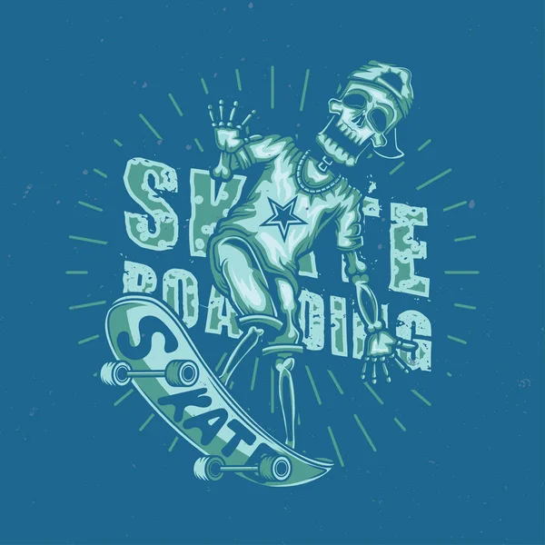 Diseño Camiseta Póster Con Ilustración Esqueleto Tabla Skate Ilustración Dibujada — Archivo Imágenes Vectoriales