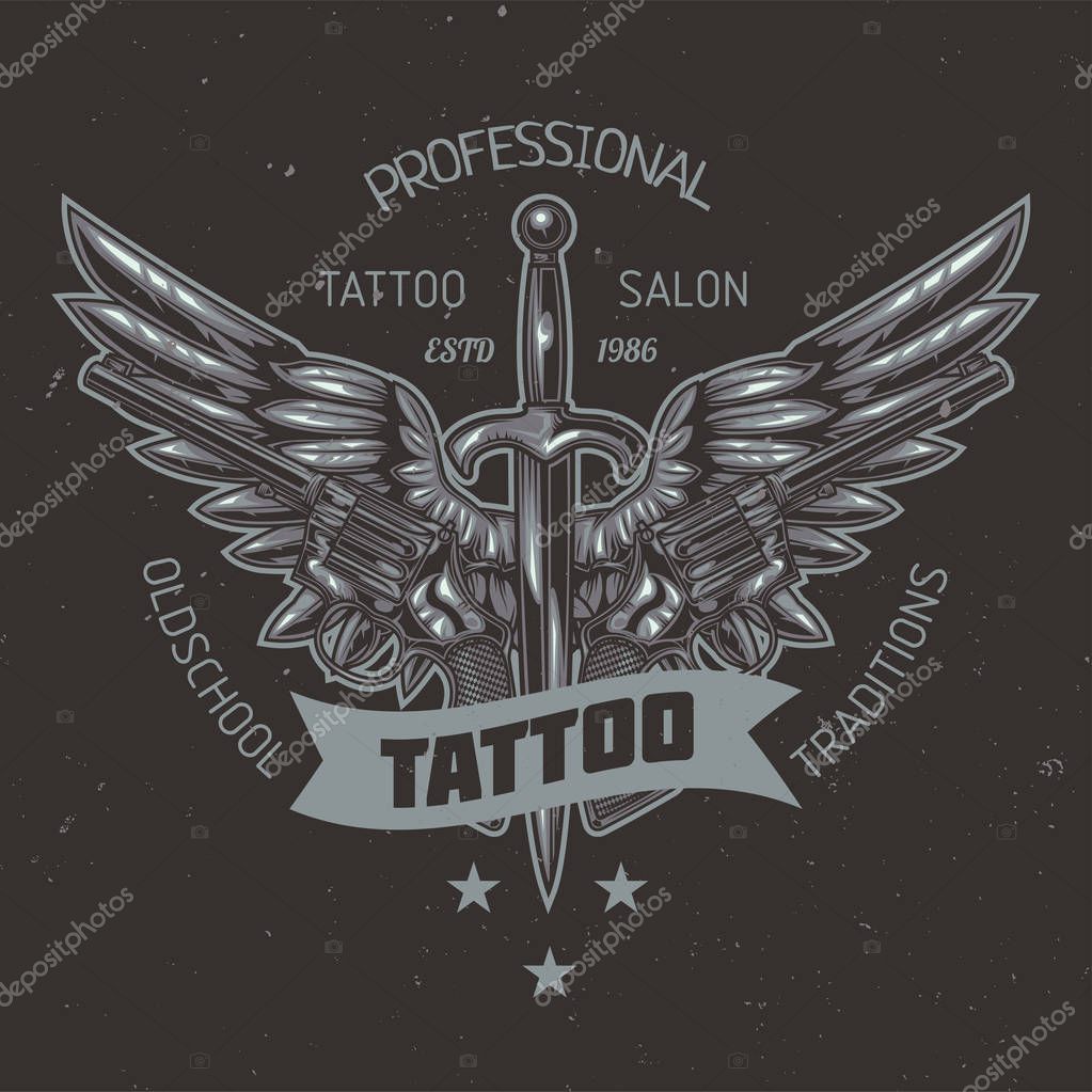 T-shirt or poster design with illustration of two pistols, knife and wings