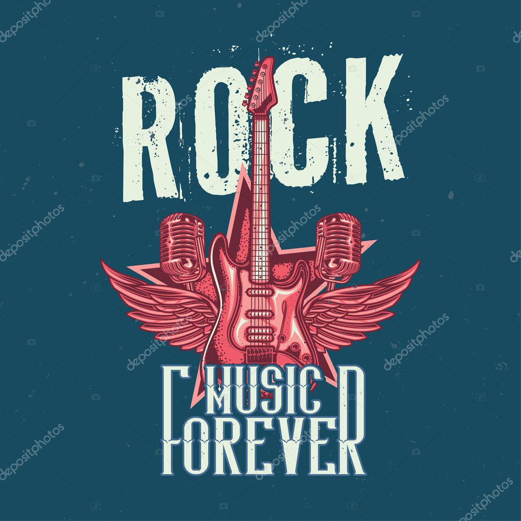 T-shirt or poster design with illustration of guitar, two microphones and wings