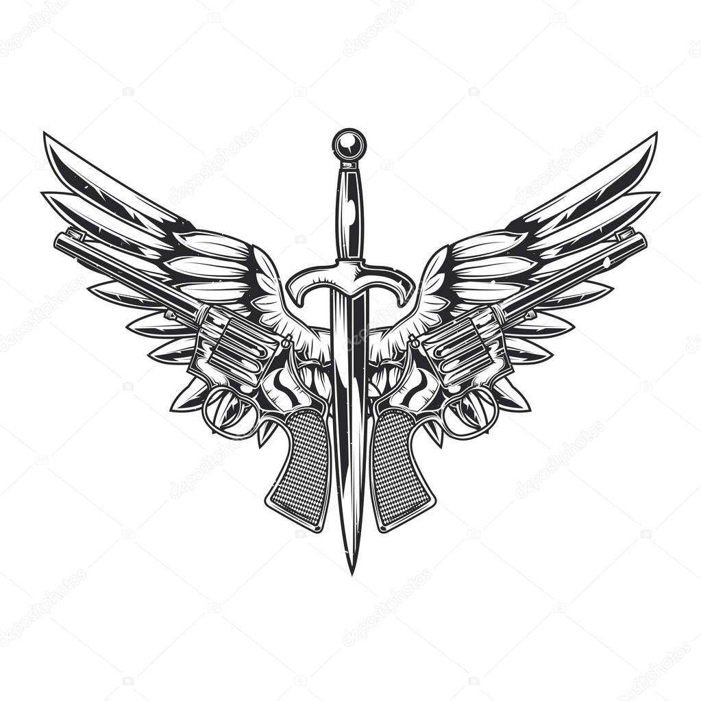 Emblem design with illustration of two pistols, knife and wings
