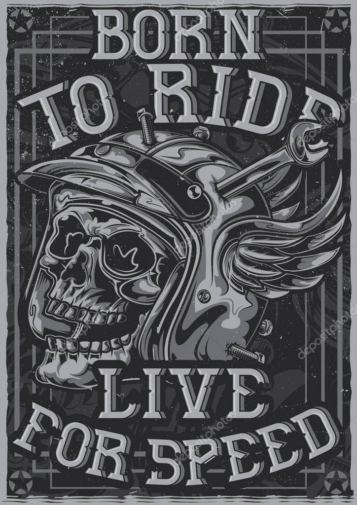 T-shirt or poster design with illustration of skull at damaged motorcycle helmet