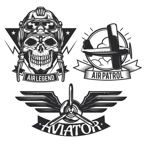 Conjunto de emblemas de aviones, etiquetas, insignias, logotipos. Aislado sobre blanco . — Archivo Imágenes Vectoriales