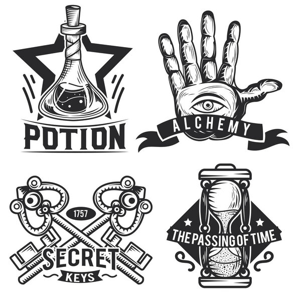 Набор алхимических эмблем, этикеток, значков, логотипов. Изолированные на белом
