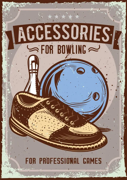 Poster design with illustration of advertising of bowling accessories on dusty background. — Stock Vector