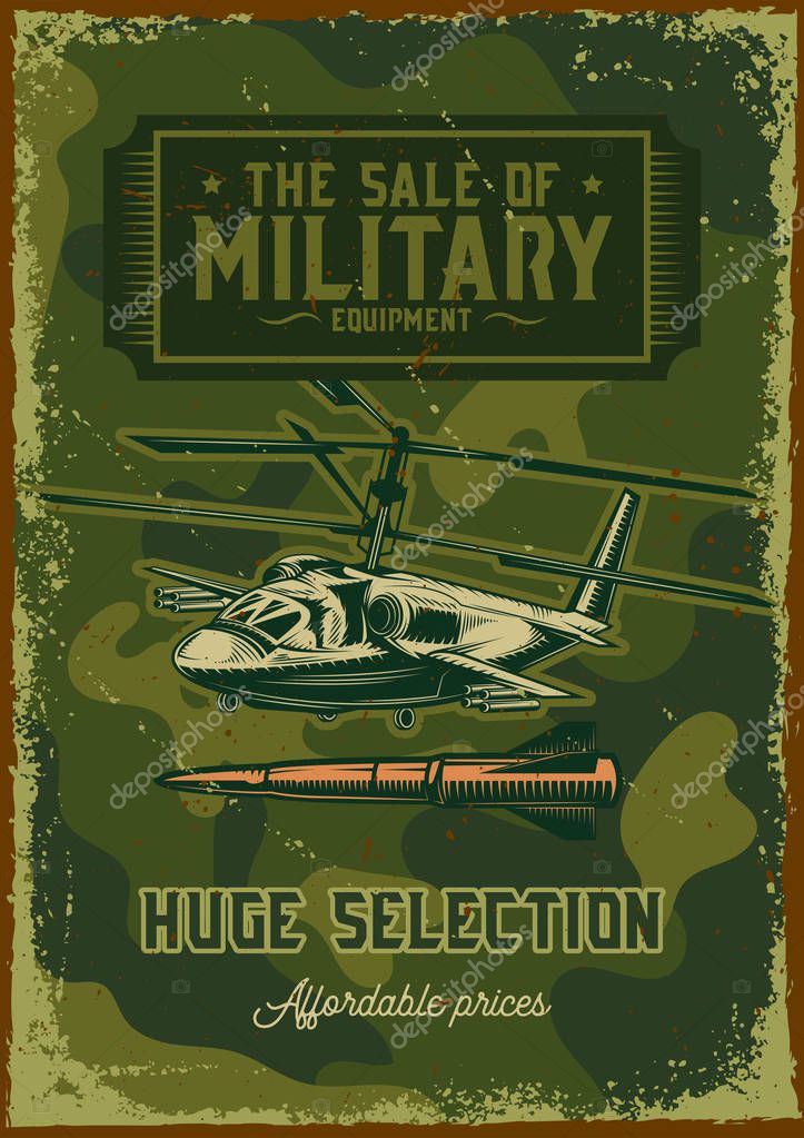 Poster design with illustration of a military helicopter on dusty background.