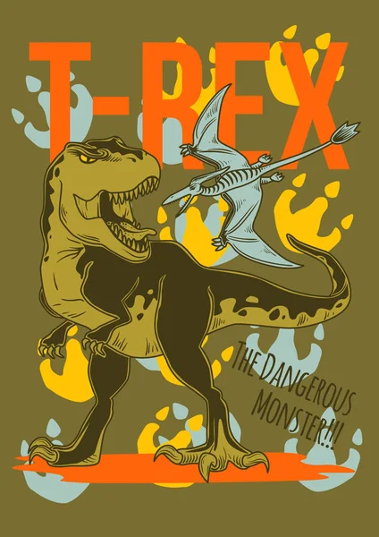 Projeto de cartaz com ilustração de dinossauro e suas pegadas no fundo . — Vetor de Stock