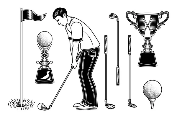 Σύνολο παίκτης γκολφ και εξοπλισμός (σημαία, μπάλα, ραβδί και ένα φλιτζάνι) — Διανυσματικό Αρχείο