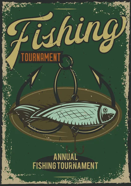 Дизайн плакату з ілюстрацією риби та гачка на запиленому фоні . — стоковий вектор