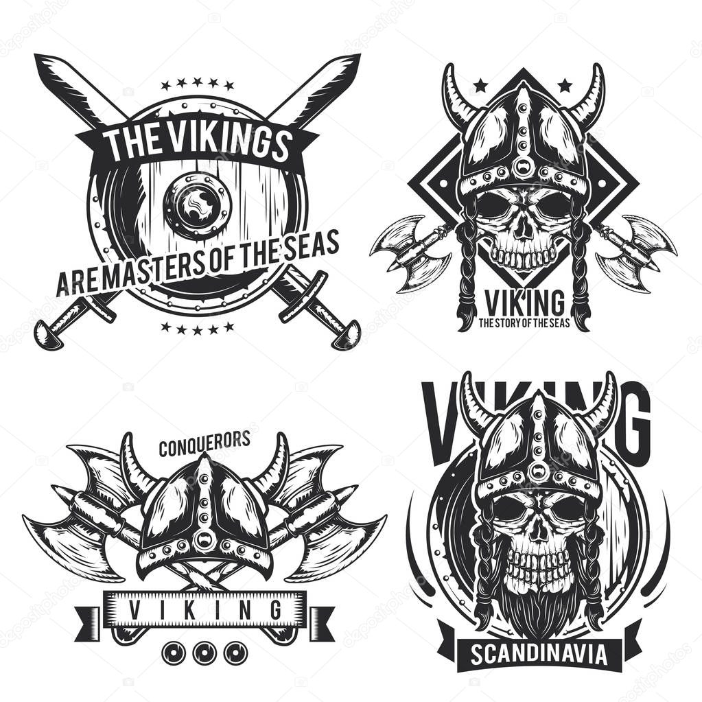Set of viking emblems, labels, badges, logos. Isolated on white