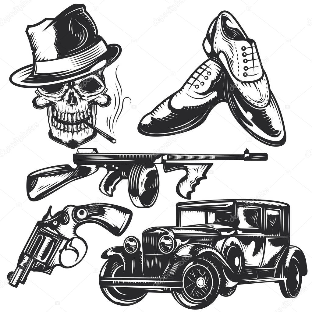 Set of mafia elements for creating your own badges, logos, labels, posters etc. Isolated on white.