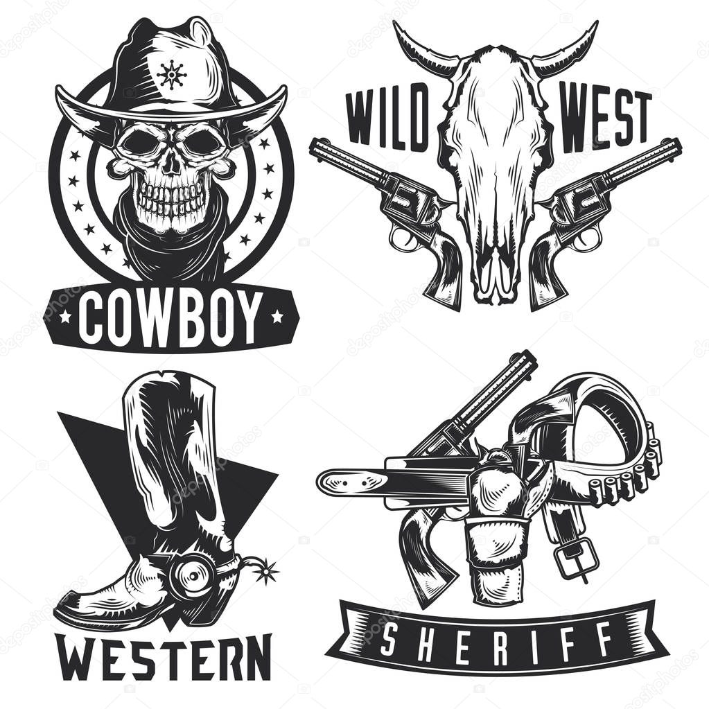 Set of cowboy emblems, labels, badges, logos. Isolated on white