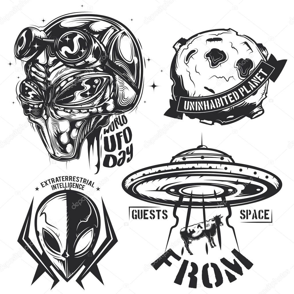 Set of UFO elements (aliens, flying saucer, planet etc.) emblems, labels, badges, logos. Isolated on white