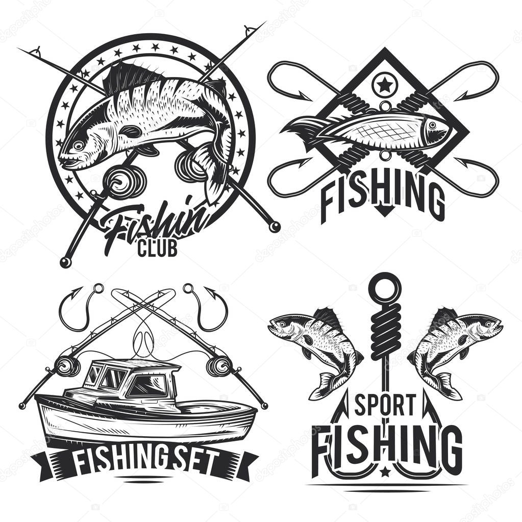 Set of fishing emblems, labels, badges, logos. Isolated on white