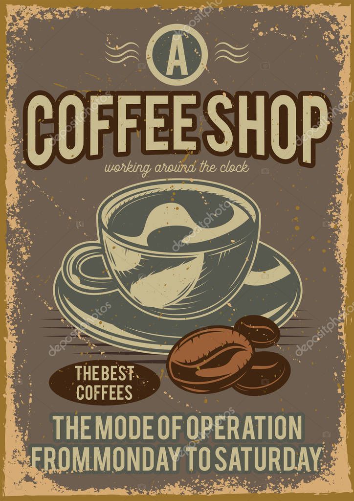 Advertising poster design with illustration of a cup of coffee and grains on the background.