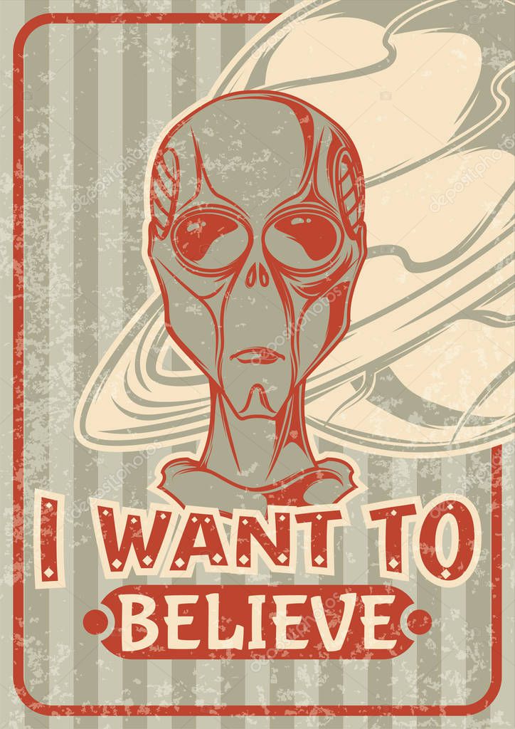 Vintage poster design with illustration of an alien and a retro pattern on background.