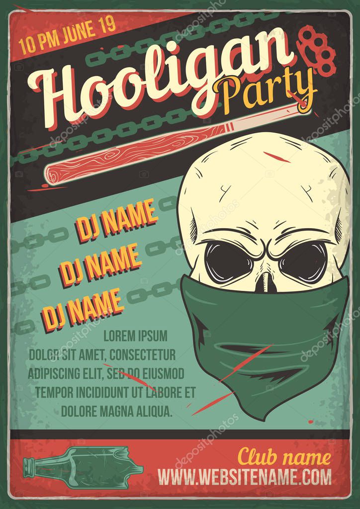 Advertising poster design with illustration of a bandit's skull on vintage background.