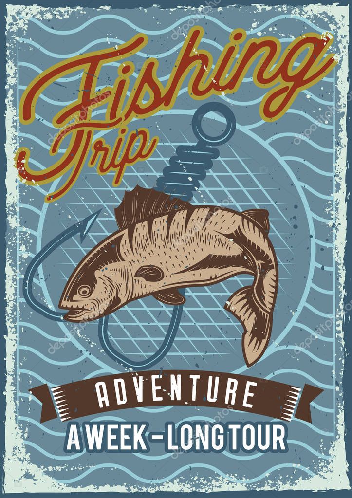 Poster design with illustration of fish on dusty background.