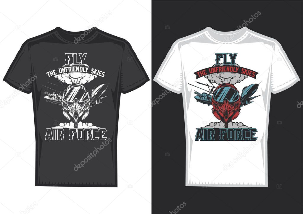 T-shirt design samples with illustration of air forces on dusty background.