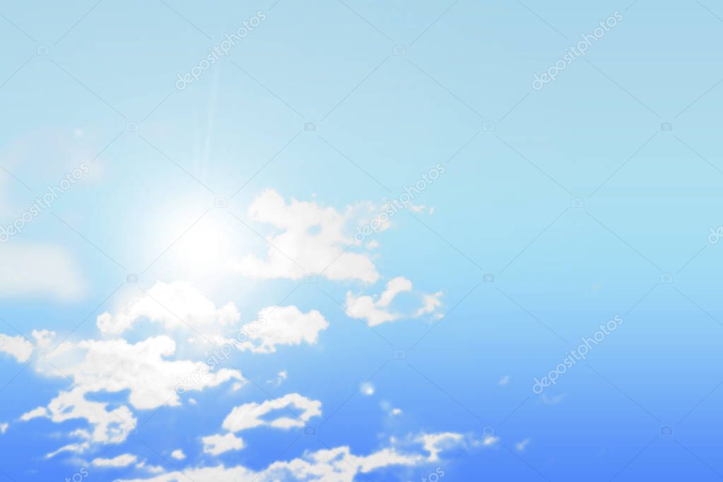 Bright ky with white clouds and sun background with copy-space 