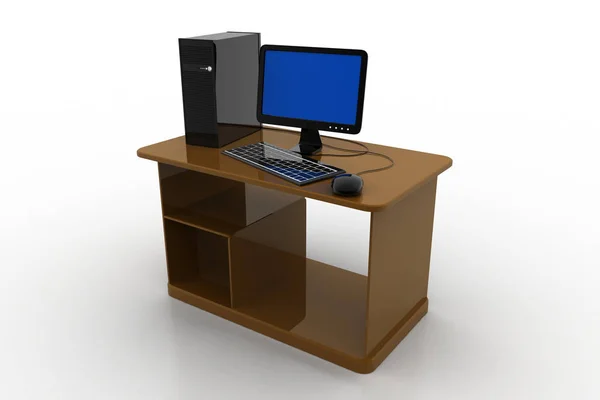 Computer Mit Tisch Isoliert Auf Weißem Hintergrund — Stockfoto