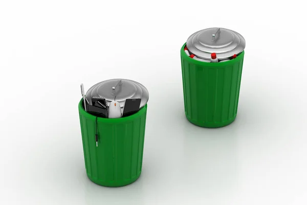 緑のゴミ箱にプラスチック廃棄物の電子廃棄物 — ストック写真