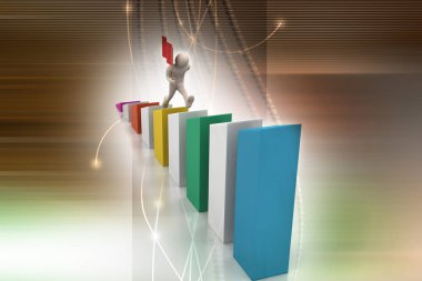 3D küçük ile yürüyen adam bayrak salladı.