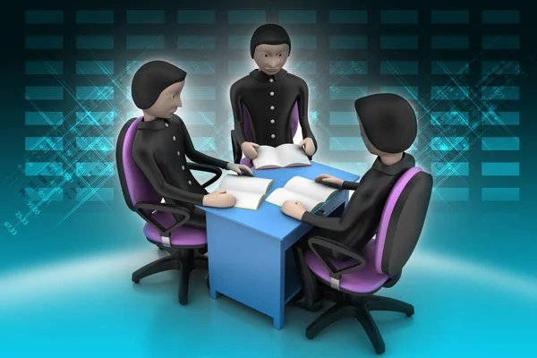 Teacher and students discussing while sitting at table