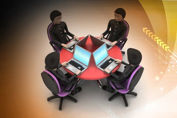 3d illustration of businessmen around a table looking at laptops