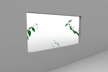 Beyaz arka planda modern bir evde bir pencere tarafında Bitki