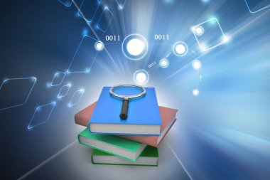 3d illustration of Magnifying glass trying to find the right book clipart