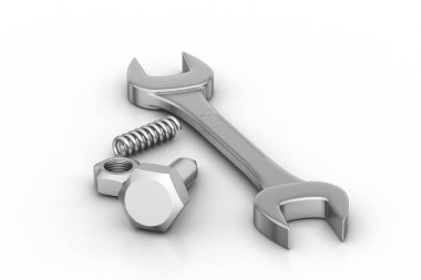 Beyaz arka planda cıvata somunu ve anahtar