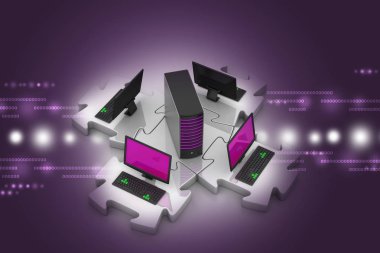 Laptop ve sunucu bulmacalar bağlanmak 3d illüstrasyon