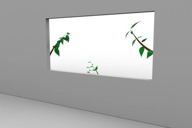 Beyaz arka planda modern bir evde bir pencere tarafında Bitki