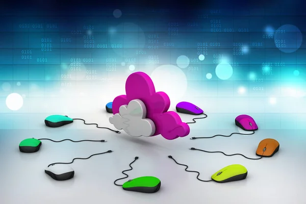 3D illustration of computer mouse connected to a cloud