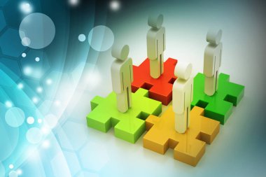 Işadamlarının 3d illüstrasyon farklı renkli bulmaca parçaları üzerinde duruyor 
