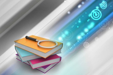 Doğru kitabı bulmaya çalışan Büyüteç 3d illüstrasyon