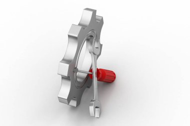 Beyaz arka plan üzerinde araçlara sahip dişli